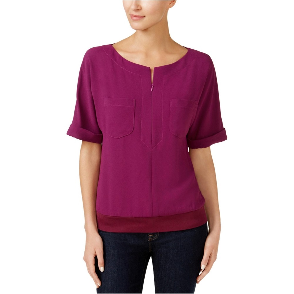 Trina Turk Women's Mellia  zip Knit‎ Blouse Purple Magenta Size S Short Sleeve